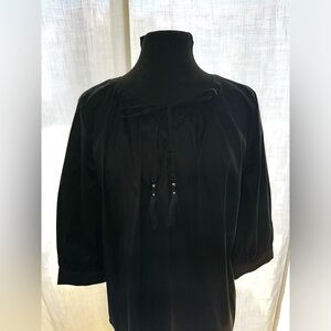 Chico's NWT Black Lace-Up Poplin Top | Size 2 | $109 Retail | Tassel Detail